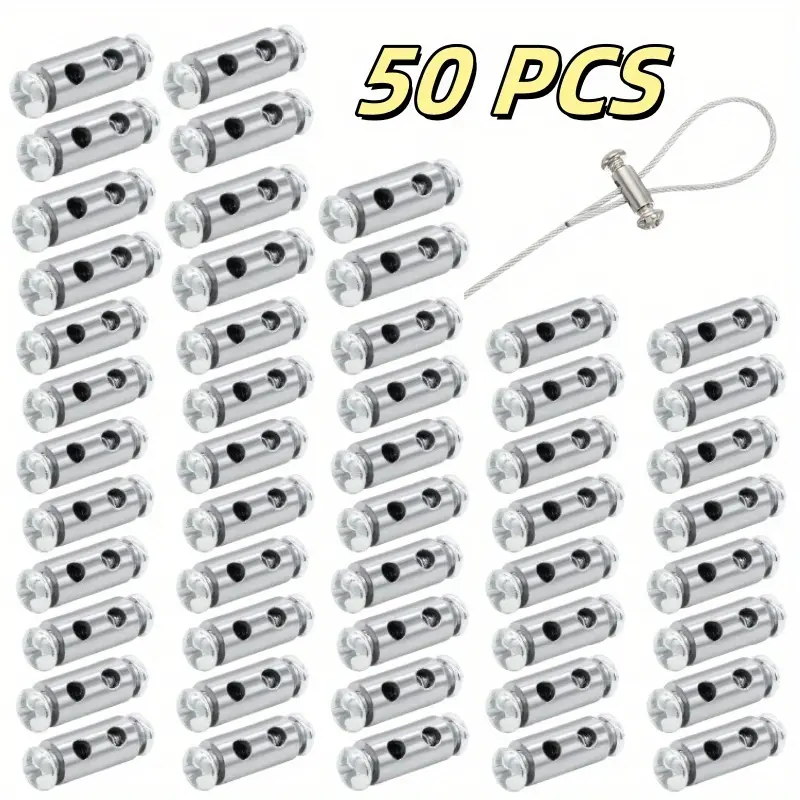 50Pcs/Set Reusable Wire Rope Cable Clamp,M4 Double Hole with Screw Stopper,Shaped Cable Clamps for 1-2.5mm Wire Rope Cable,Replacement for Aluminum Crimping Loop Sleeve,Halloween Christmas Party Gifts,Hand Tools Kits