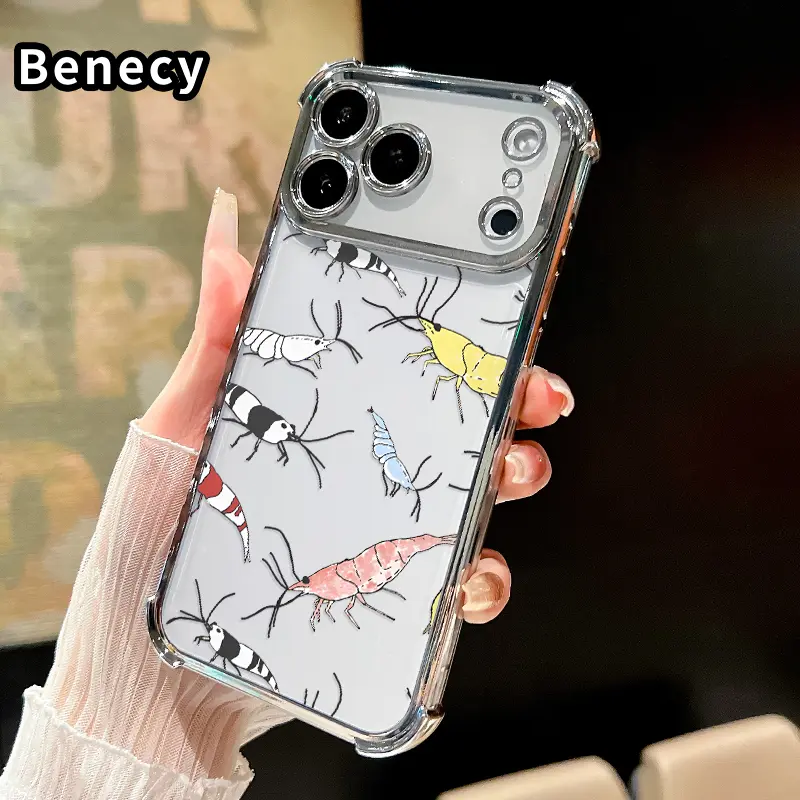 Phone Case Compatible with iPhone 17 Pro Max 16 15 Plus Air 14 13 12 11 E  Shrimp Symphony Four-Corner Drop-Resistant Electroplated Transparent TPU Soft Protective Cover Gift