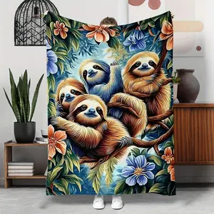 1pc Sloth-Themed Blanket Suitable Sloth Lovers - Soft Cozy Jungle Bedspread With Sloth, Washable Flannel Bed Cover &, Year-Round Use Seasons (Bedspread)