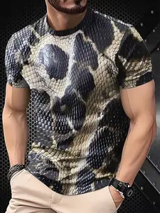 Men's Snake Print Short Sleeve T-Shirt, Fitted Elastic Round Neck, Casual H-Type Graphic Top, Summer Fashion Tight Fit Shirt