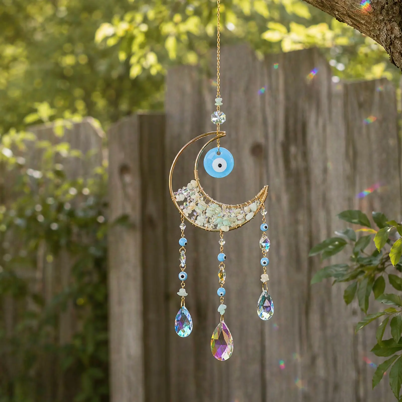 Crystal Sun Catcher 1PCS Evil Eye Suncatcher with Natural Stone Handmade Rainbow Maker for Indoor Outdoor Decor Window Bedroom Courtyard Garden Bless Gift