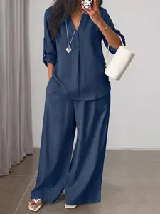 Women's Casual Suit Set, Long Sleeve Split Design, High Waist Loose-Fit Pants, Button Front Top, Ideal for Daily Wear, Womenswear, Lady, Clothes