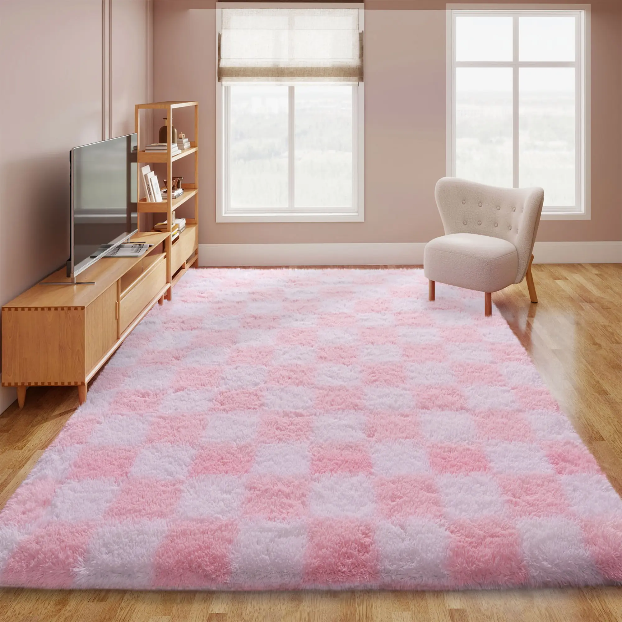 【Back to School】【Dorm Essentials】EIKIONE Soft Plush Checkerboard Rug Durable Polyester Carpet Non-Slip Comfortable and Soft Plush Mat for Bedroom Home Decor