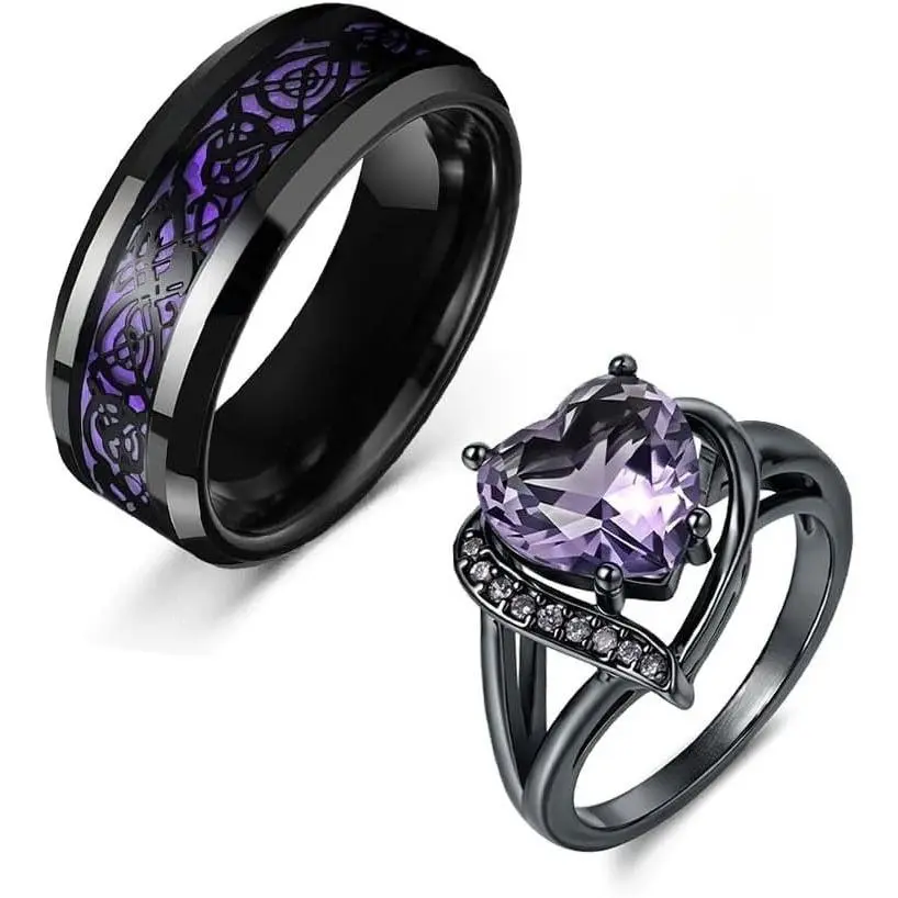 Couple ring/wedding ring sets, anniversary rings for men and women, amethyst and gemstone rings for men and women, set with heart-shaped cubic zirconia and rubies, engagement rings/promise rings.