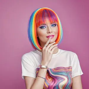 "🔥 Gradient Rainbow Bob Wig - Cyberpunk Ready with Heat-Resistant Fiber!🌈✨ Anime to Rave in 5 Secs| Breathable Lace for All-Day Cosplay Comfort🎪#Y2KVibes2025#Cyberpunk Hair#TikTok Shop#AnimeHairMagic#FestivalSwag" headband wig