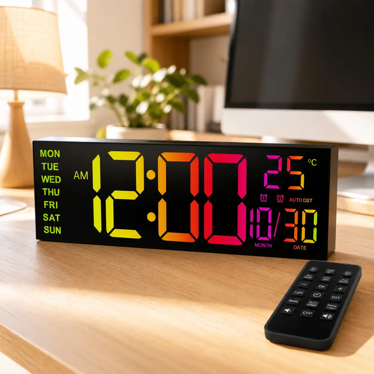 Leike 16-in Multifunctional Alarm Clock - Adjustable Brightness Luminescent Smart LED Wall Clock with Customizable Color-Changing Screen, Remote Control, Automatic DST, Night Light, 24/12-Hour Format, Date Display, Outlet-Ready Home Decor for Living Room