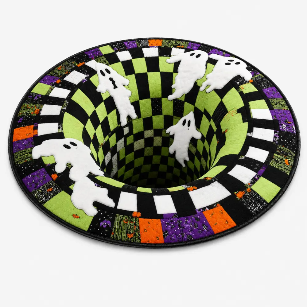 KinLoca 3D Halloween Abyss Round Rug, Quilted Ghost and Pumpkin Optical Illusion Floor Mat, Soft Non-Slip Area Rug for Living Room, Bedroom and Party Decor