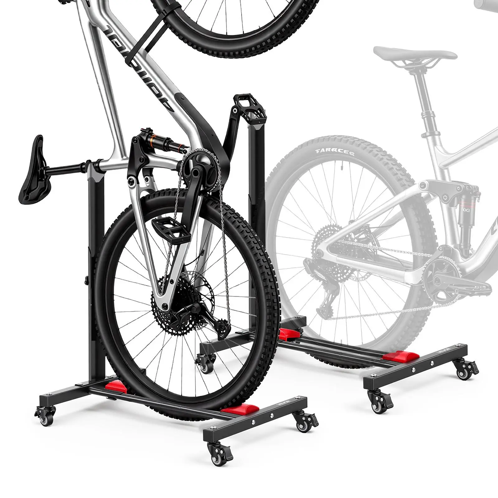 VEVOR 2-Pack Durable Carbon Steel Floor Standing Bicycle Rack, Lockable 360° Rotating Wheels, 5-Level Adjustable Height Upright, 20-29 in Tire Width Fit, Rust Resistant for Mountain Bikes