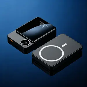 Portable power bank 5000/10000 mAh, magnetic design, LED display showing battery level, 22.5 W fast charging, multiple input/output ports, compatible with Android/Apple phones.