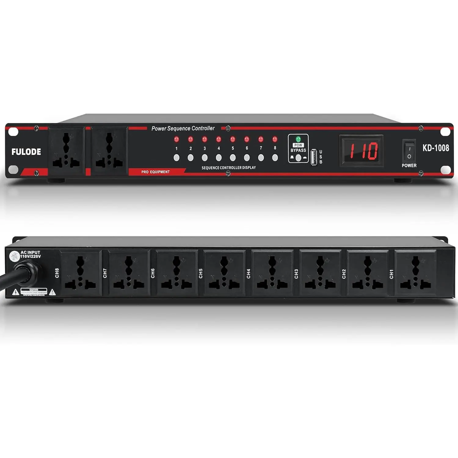 10-Outlet Rack Mount Power Conditioner (KD-1008) - Wall Outlet Extender with 8 Independent Switches, Digital Voltage Display, USB Ports Socket, Surge Protection, Voltage Regulation for Audio Amplifiers, Mixers