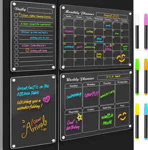 LAOGESH 4Pcs Fridge Calendars 2025 Acrylic Magnetic Calendar for Refrigerator Fridge White Board Calendar Chalk Dry Erase Calendars Magnets Chalkboard Monthly Weekly Planner with 6 Highlight Markers