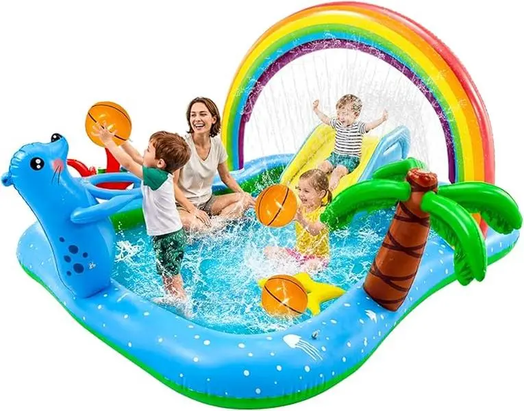 Inflatable Kids Pool with Water Slide Kiddie Splash Play Center with Sprinkler Arch Backyard Water Park for Toddlers & Kids Inflatable Summer Swimming Pool Outdoor Splash Pad Play Area Easy Inflate