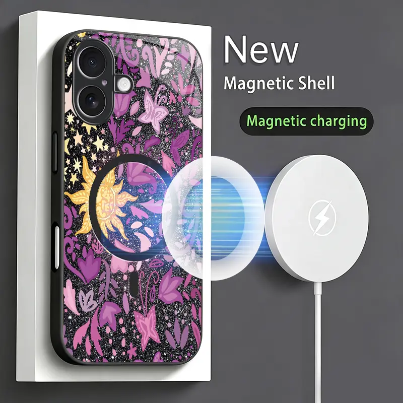 Aesthetic Boho Floral Sun Magnetic Glass Phone Case for【iPhone 17】, Aesthetic Vintage Flower Pattern Shockproof Protective Cover----9435