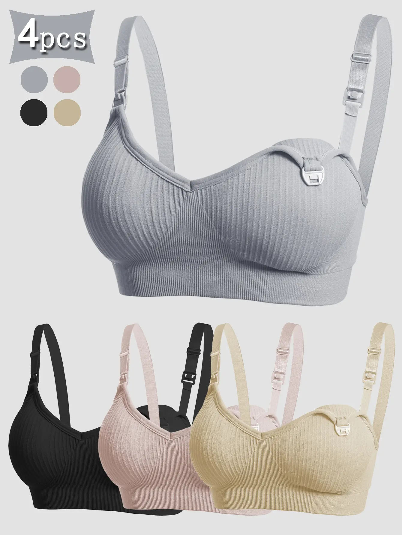 4 PCS Ribbed Nursing Bras for Breastfeeding, Maternity Wireless Bras with One-Handed Clasp, Adjustable Straps Daily Wear Set, Plaid Pattern