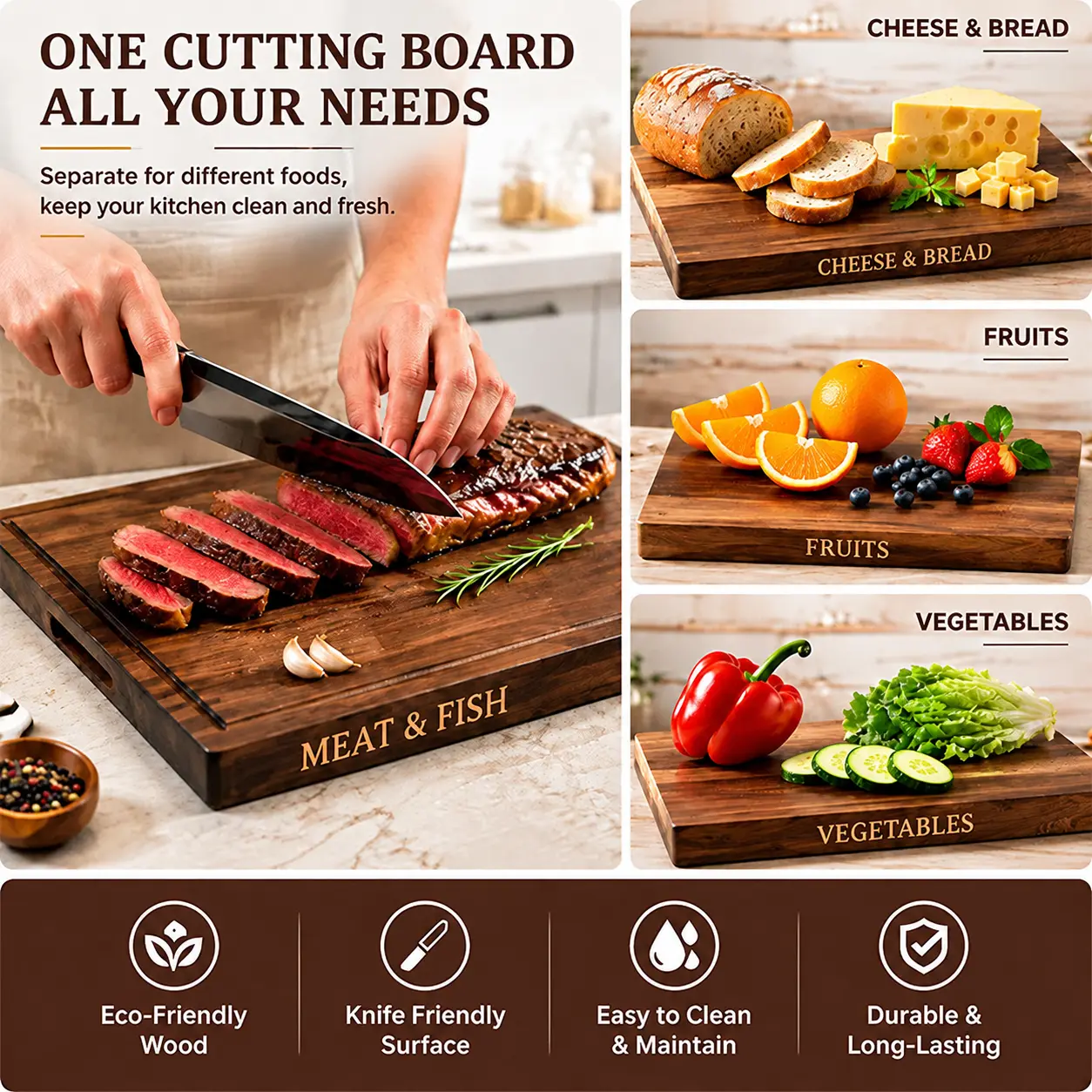 Labeled Walnut Wood Cutting Board, Classification Chopping Board for Meat Vegetable Fruit Cheese, Juice Groove, Knife Friendly Wooden Serving Board for Home Kitchen Meal Prep