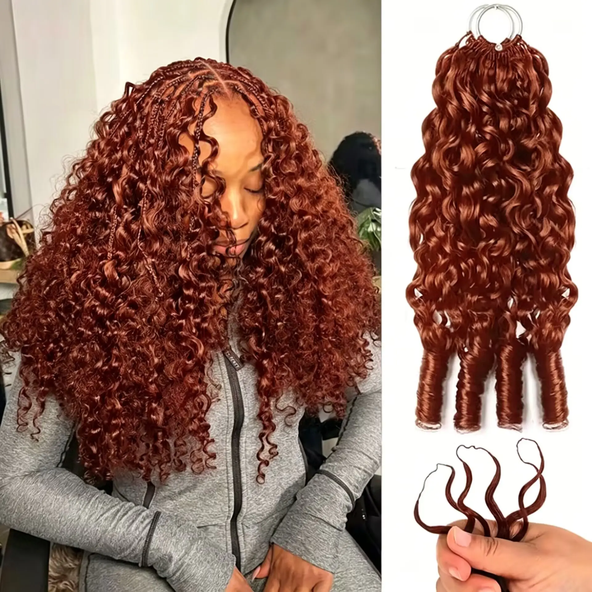 Reddish Brown Color Burmese Curly Crochet Hair Human Hair Extensions Miracle Knots Pre-Separated 50g/Pack (32-38 Strands Per Pack）– Knotless Boho Braids, 4-5 Packs for Full Head, Multiple Curly & Wave Textures Protective Hairstyles For Women backtoschool