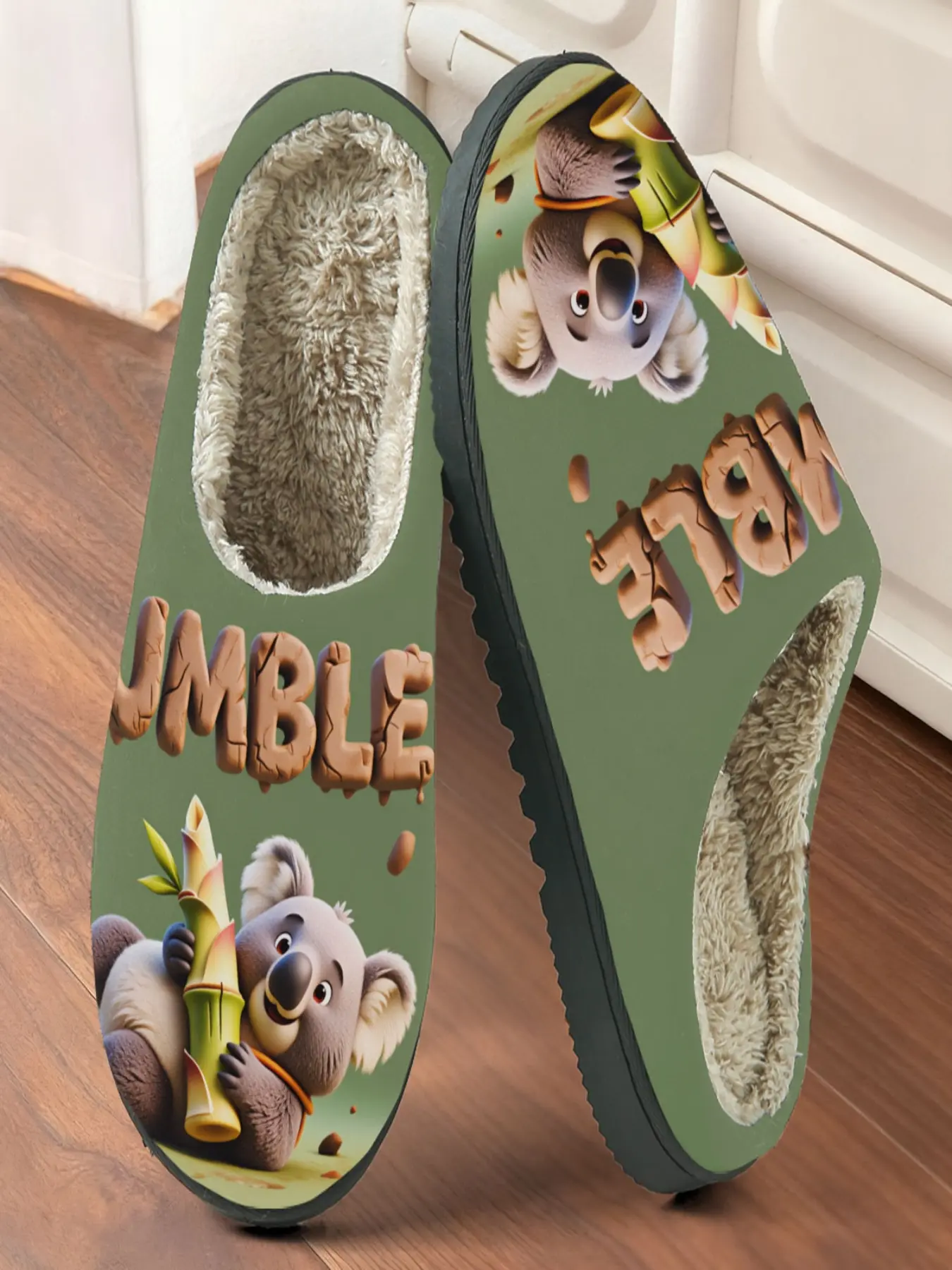 Cute Koala Bamboo Plush Slippers, Animal Print + Warm Fleece Anti-Slip Thick Sole Comfort, Casual Home Wear for Autumn Winter