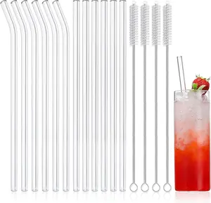 16-Pack Reusable Glass Straws, Clear Glass Drinking Straw, 10''x10 MM, Set of 6 Straight and 6 Bent with 4 Cleaning Brushes - Perfect for 16 oz Glass Cups, Milkshakes, Juice - Dishwasher Safe