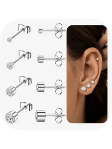 4 Pairs G23 Titanium Earrings for Women Men Flat Back Earrings Hypoallergenic Small Cubic Zirconia Ball Stud Earrings Set Silver Sleeper Cartilage Earrings for Multiple Piercings 2/3/4/5MM