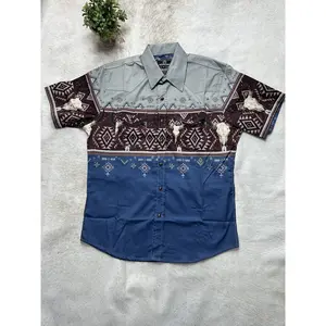 Men Aztec Short Sleeve Skull Retro Blue 118MS