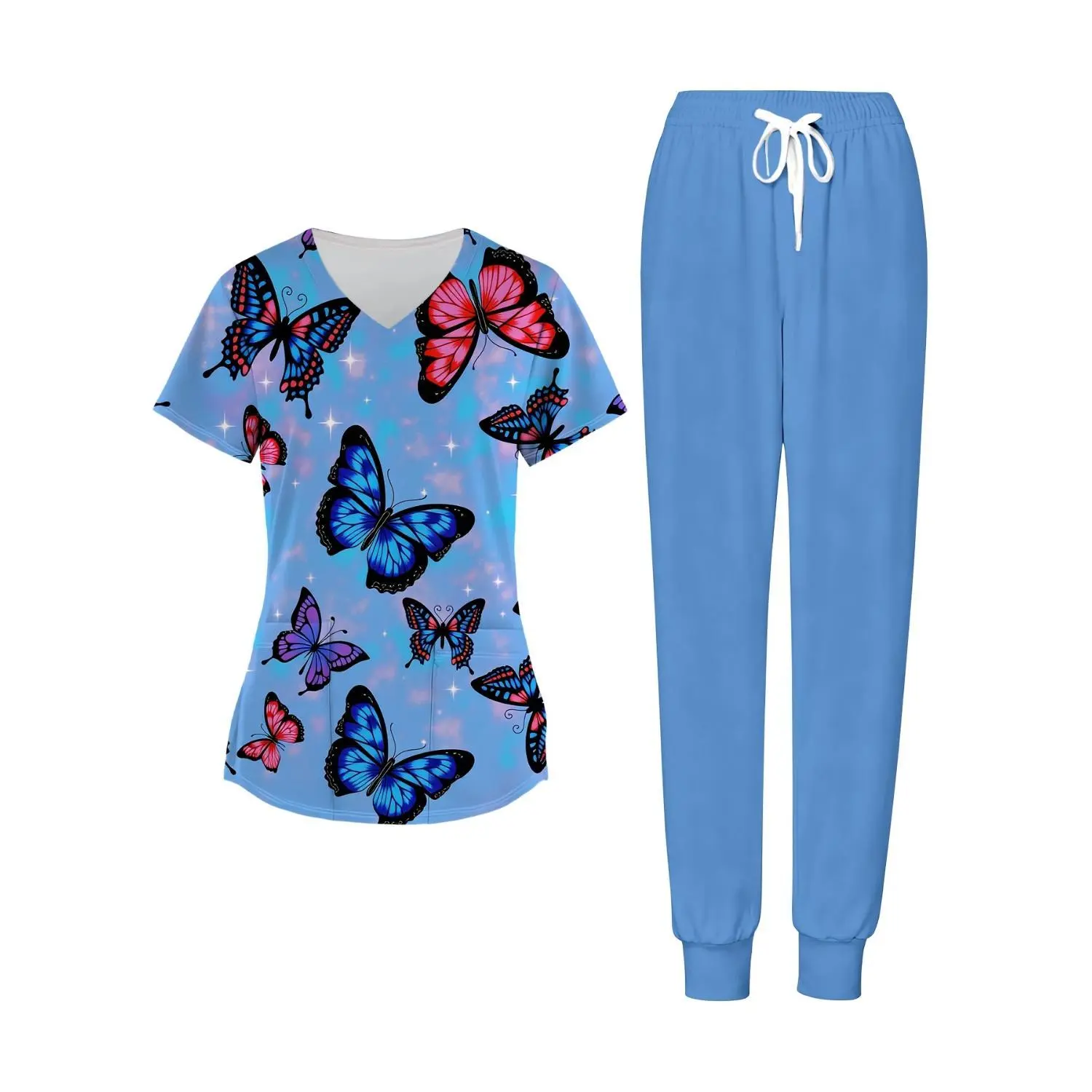 Butterfly Print Women's Nursing Scrubs Set - V-Neck Top and Pocketed Pants - Comfortable Blue Workwear Outfit