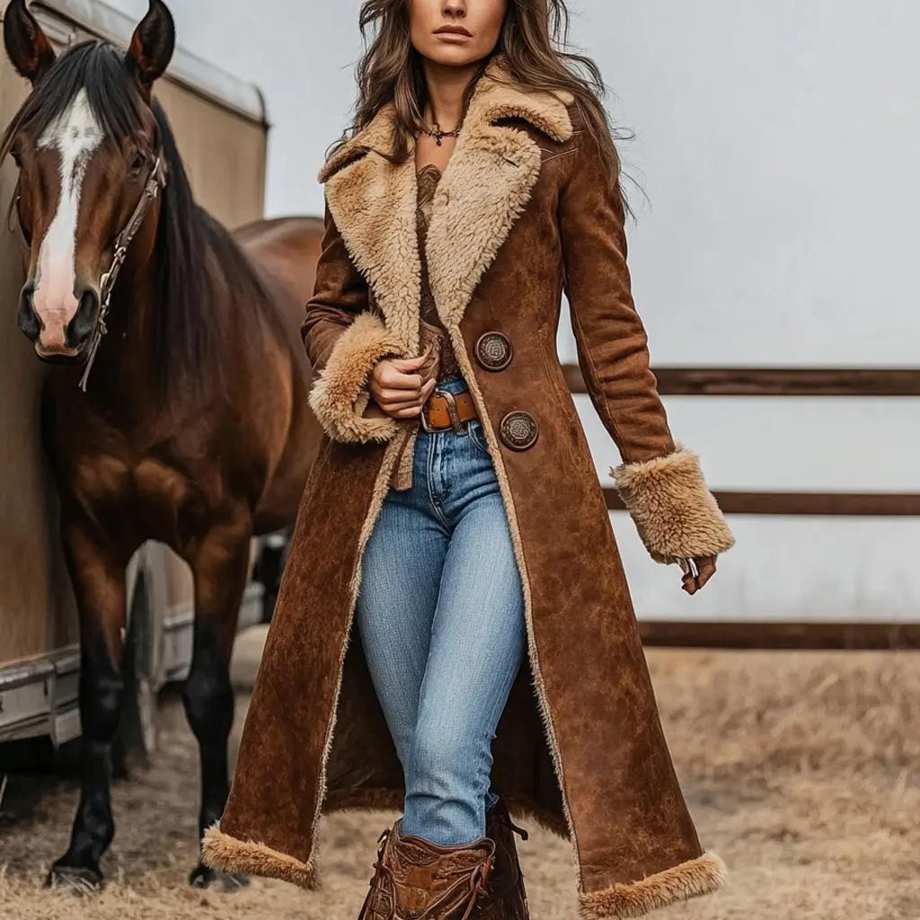 Women'S Western Vintage Trench Coat Plush Autumn And Winter Fashionable Warm Coat