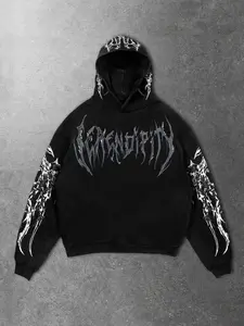 Men‘s Cool Pullover Hooded Sweatshirt, Casual Fitted Sweatshirt, Edgy Artistic Design with Bold Typography, Statement Piece for Concerts, Skateboarding and Youth Street Style