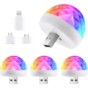4 Pack USB Mini Disco Ball Light Sound Activated Karaoke Bar Party Decoration Ideal for Halloween Christmas Kids Stocking Stuffers Portable with 3 Adapters