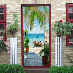 2pcs   Tropical Beach Scene Door Sticker Coconut Tree Sea View Boat Decorative Wall Sticker Self Adhesive Removable Waterproof Home Decoration Ornaments for Living Room Bedroom Glass Door Vacation Atmosphere Ro Vinyl Stickers
