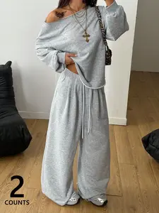 Women's Loose Fit Hoodie Sweatsuit Set, Shoulder Cut-Out Design, Wide Leg Sports Pants, Comfortable Spring & Fall