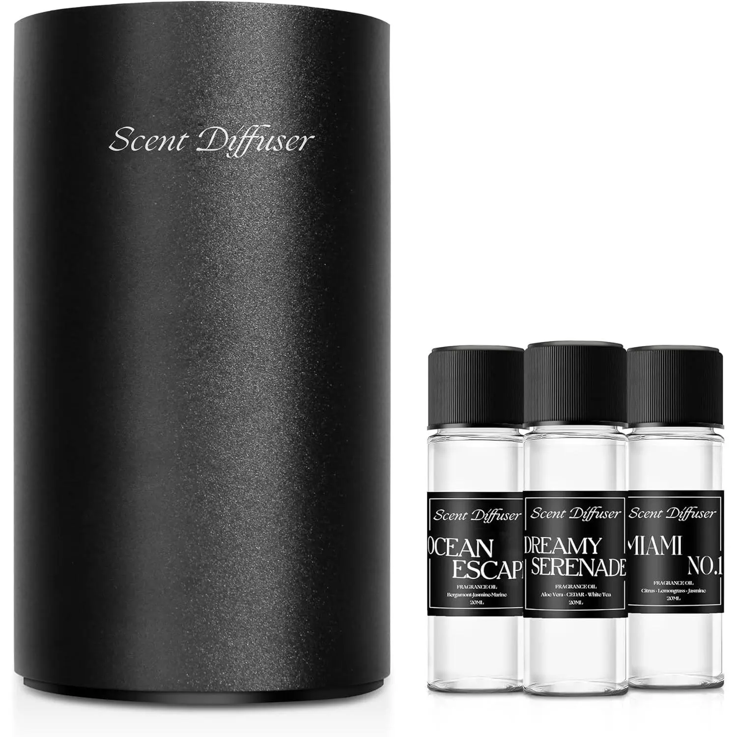 Matte Black Compact Waterless Scented Fragrance Diffuser Gift Set - Battery-Operated Aluminum Alloy Aromatherapy Freshener, 20ml, 3 Included Oils, Home Fragrances Device for Home & Office