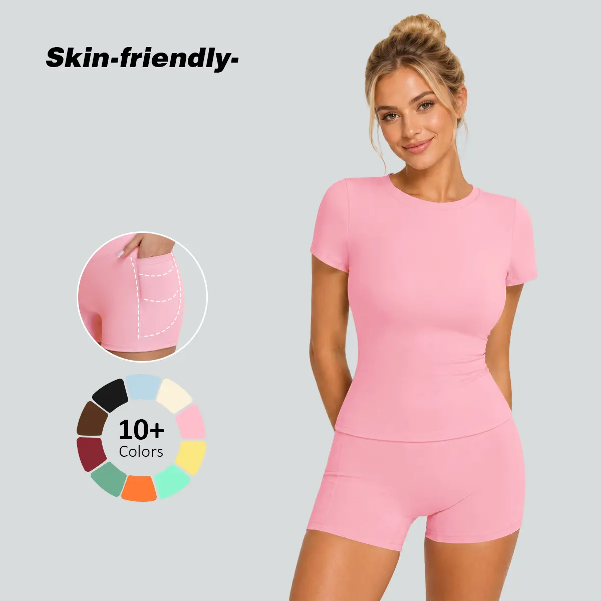 Women's 2-Piece Solid Color High-End Sports Set - T-Shirt & High-Waisted Fitted Athletic Shorts, Lightweight Matching Workout 2-Piece Set for Women, Gym Yoga Summer Clothing, Two Piece Set, 2 Piece Sets Women