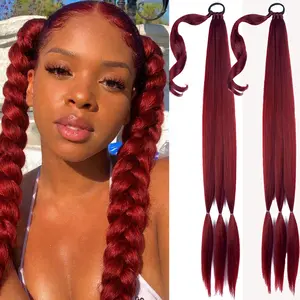 2 PCS Long Braided Ponytail Extension 32 Inch Soft Synthetic HairPiece with Hair Tie Straight Wrap Around Elastic Band Pony Tail pre Stretched for Women Girl Daily Party Use Burgundy