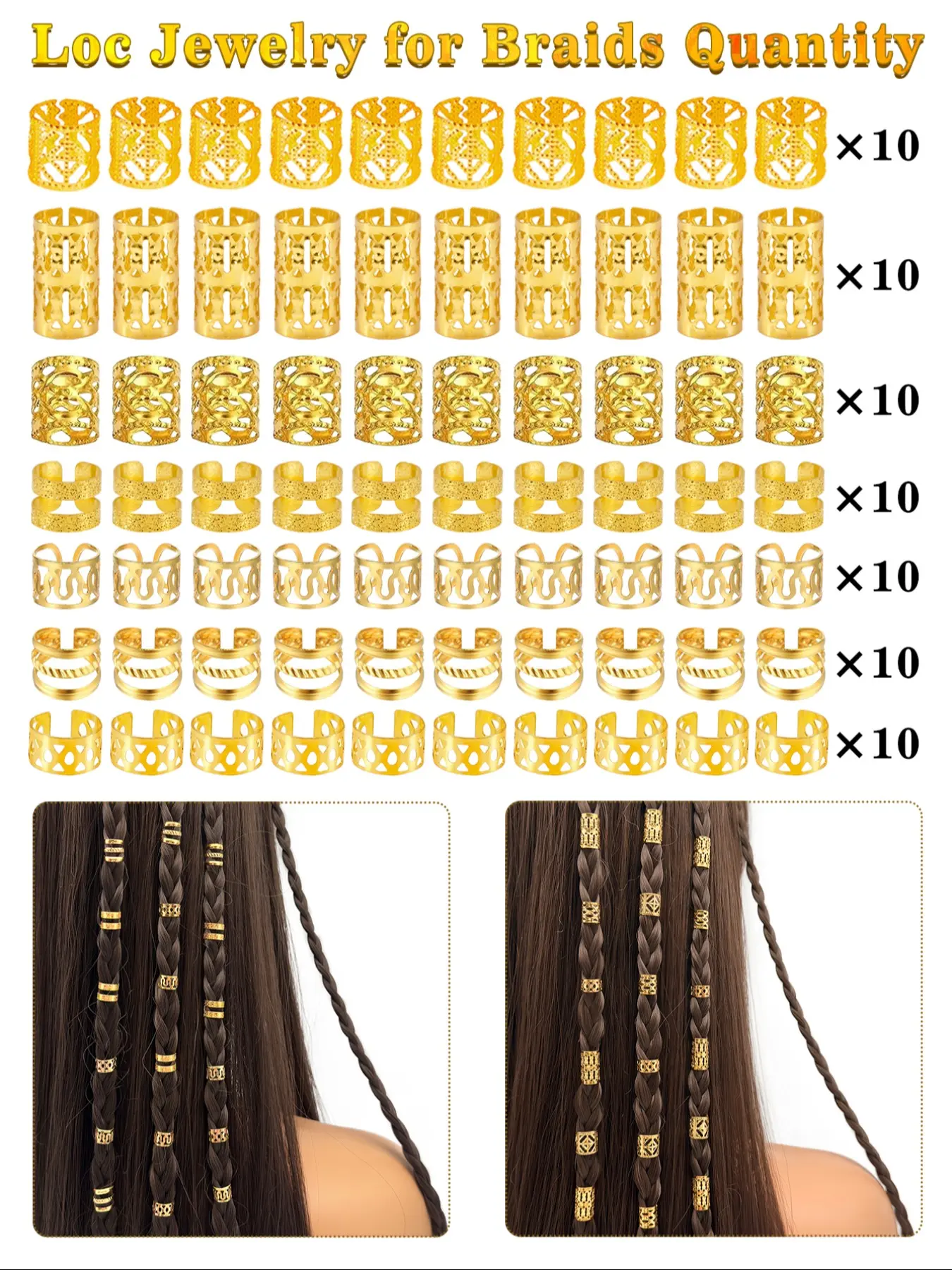 70pcs Alloy Hair Jewelry for Braids, Multi-Style Geometric Pattern Hair Cuffs, Adjustable Metal Braids Rings, Non-Piercing Ear Clips for Women & Girls, Hair Accessories