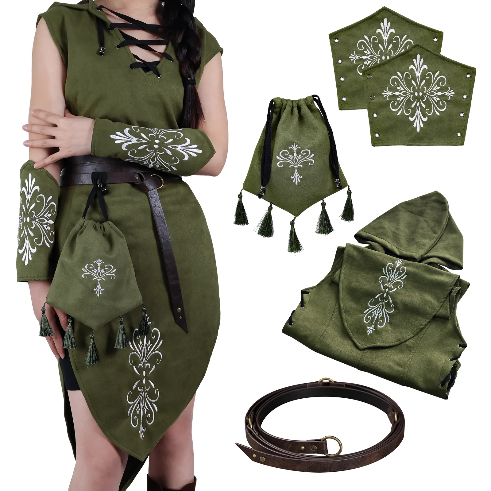HiiFeuer Women's 5PC Loose Polyester Renaissance Suede Sleeveless V-Neck Backless Elf Cosplay Costume Green - Medieval Hooded Gown, Embroidered Corset, Bracers, Drawstring Bag, Geometric Fantasy Belt for Lady, Plus Size, Accessories, Medieval Look