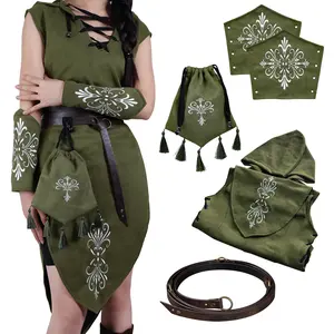HiiFeuer 5PCs Women Renaissance Suede Sleeveless Elf Costume Green ,  Womenswear Medieval Hooded Gown with Bracers Drawstring Bag Fantasy Belt Cosplay Embroidered Clothes
