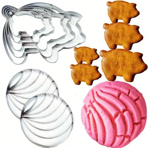Concha Cutter Set – Stainless Steel 4.1" Concha Stamp & 5 Pig Cookie Cutters | Mexican Pan Dulce Marcador de Conchas | Fun & Durable Baking Tool for Family & Gifting