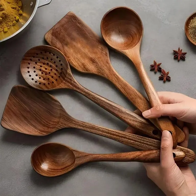 Wooden Utensils Set, 5/10pcs Non-stick Cooking Utensils, Kitchen Utensils Set for Home Use, Kitchen Gadgets, Household Items Handles Stirring Nonstick Spatula Wok