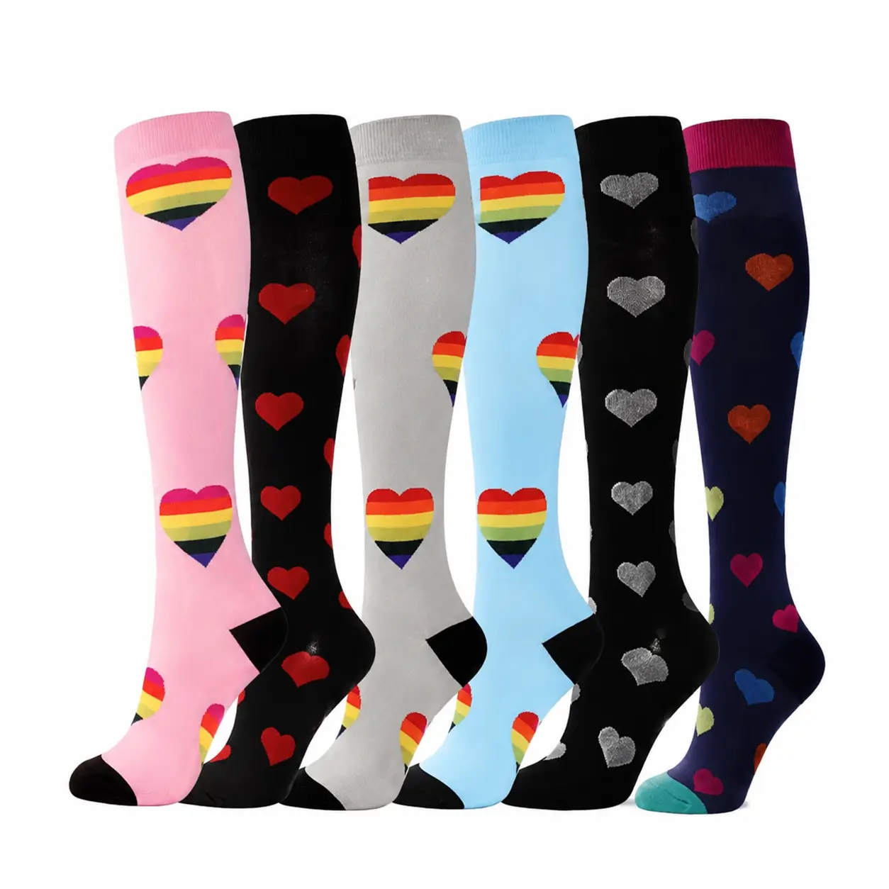 MhzyCaus Six pairs of colorful heart-patterned over-the-knee socks, lightweight, breathable, soft, and elastic, comfortably fitting the calves, suitable for running, traveling, and yoga.