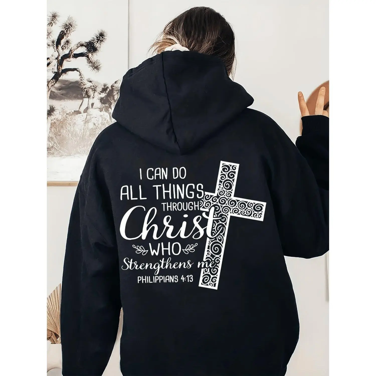 Plus Size Cross Print Casual Long Sleeve Pocket Drawstring Hoodie Sweatshirt Plus Size Clothing Outerwear