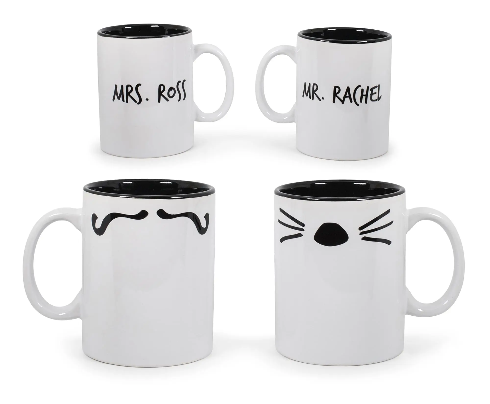 Friends Themed Couples Double-Sided Coffee Mugs - Mr. Rachel Whiskers & Mrs. Ross Moustache Design, Washable Drink Cups (Set of 2)
