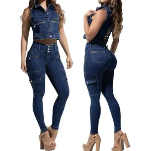 W71-318 Colombian Cargo Set - Women's Denim Jeans with Unique Design Features and Stylish Look