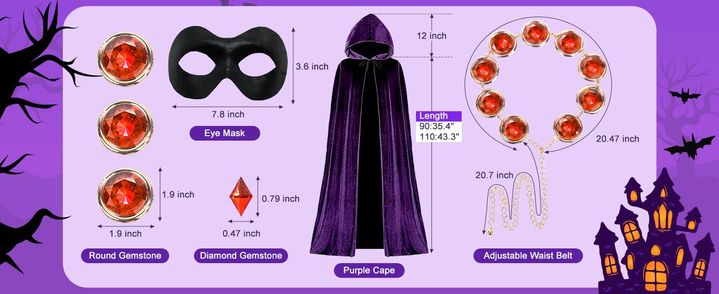 Kids Halloween Costume Raven Hooded Purple Cape with Adjustable Red Gemstone Waist Chain for Kids Halloween Cosplay