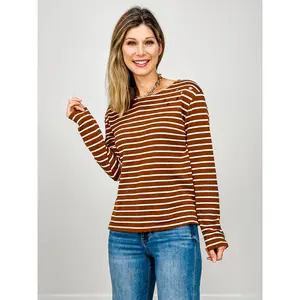Round Neck Distressed Detail Striped Knit Top