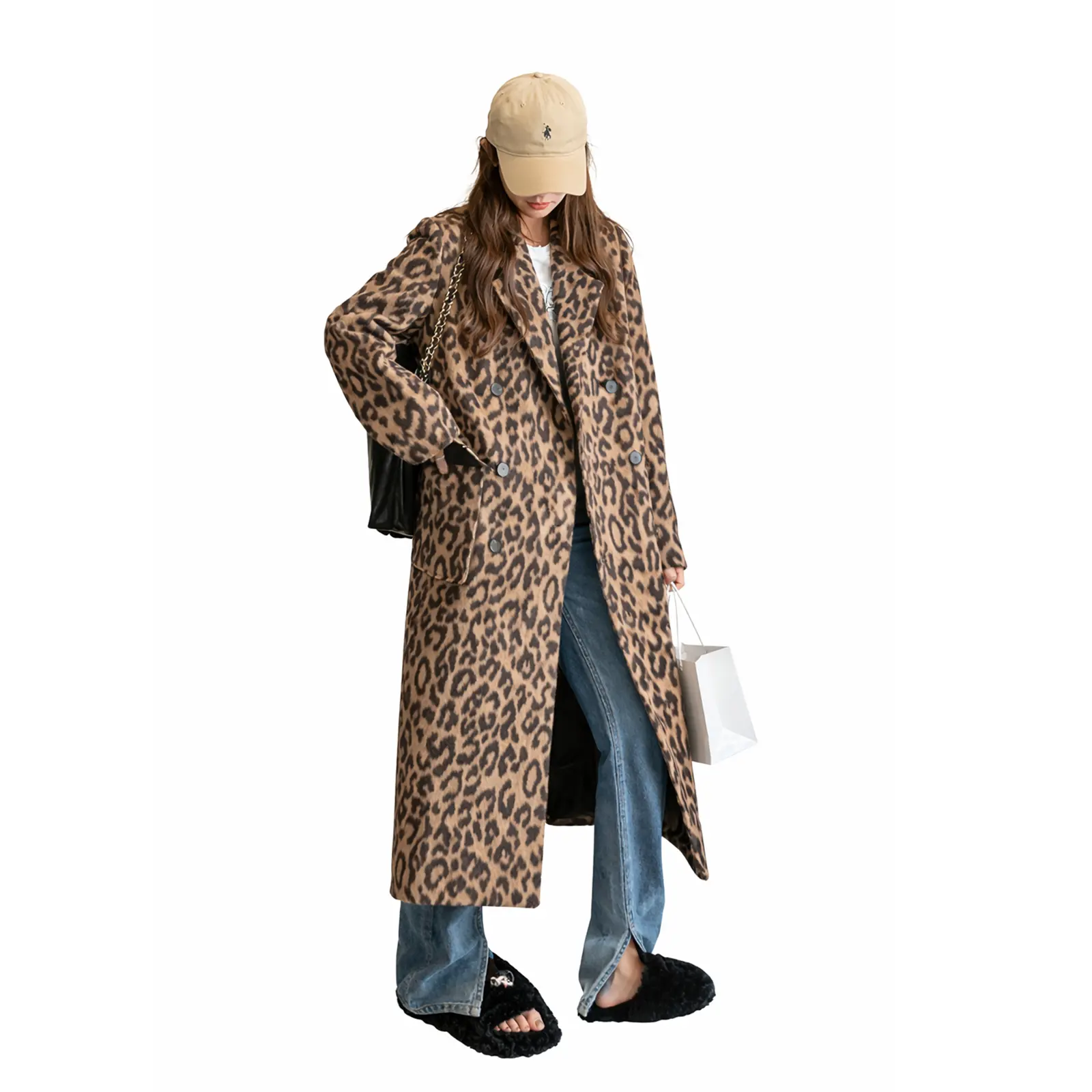 utcoco Women's Double-Breasted Leopard Print Trench Coat, Long Wool Blend Warm Winter Outerwear with Notched Lapel, Clothes For Women