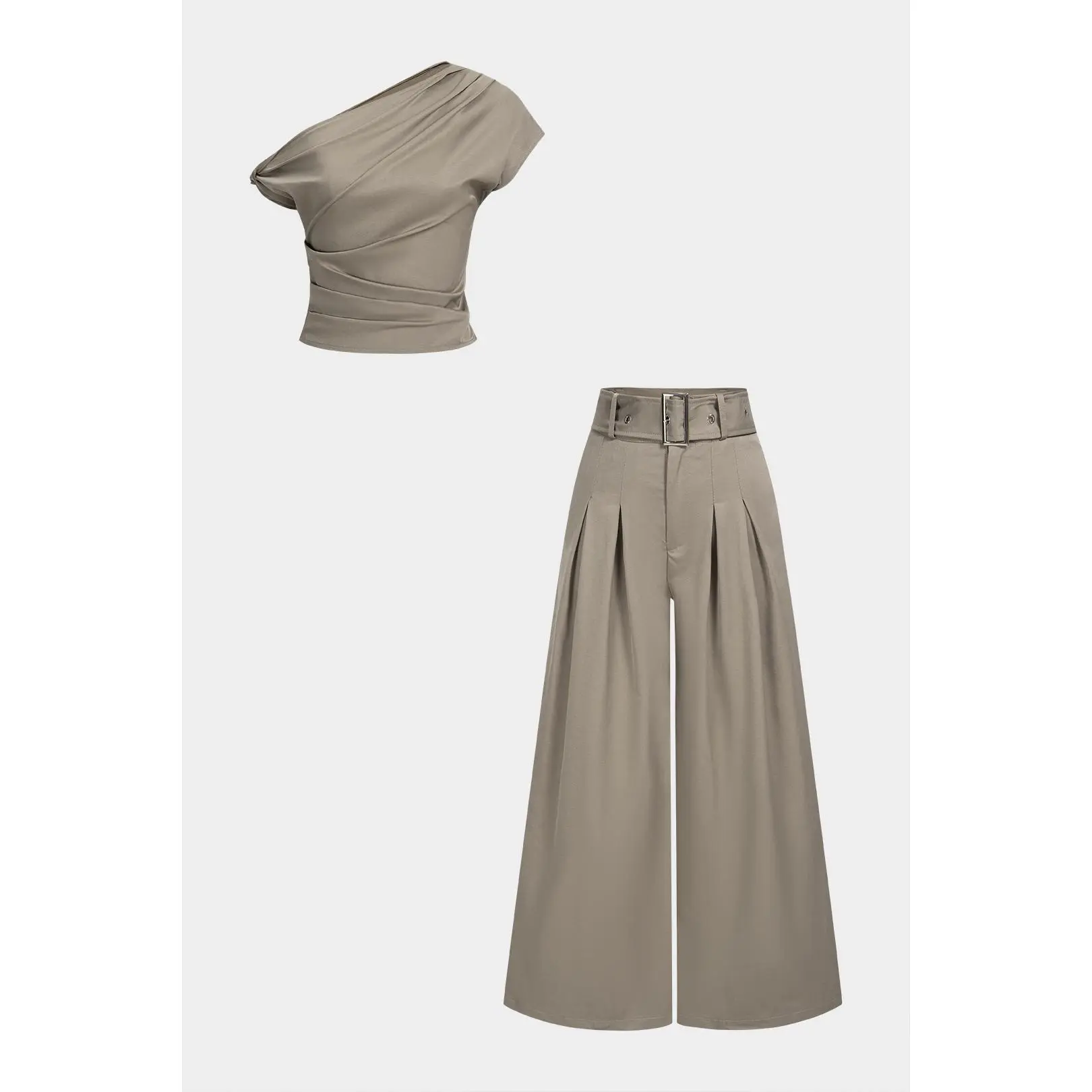 One Shoulder Ruched Twist Knot Tank Top And Belted Wide Leg Pants Set