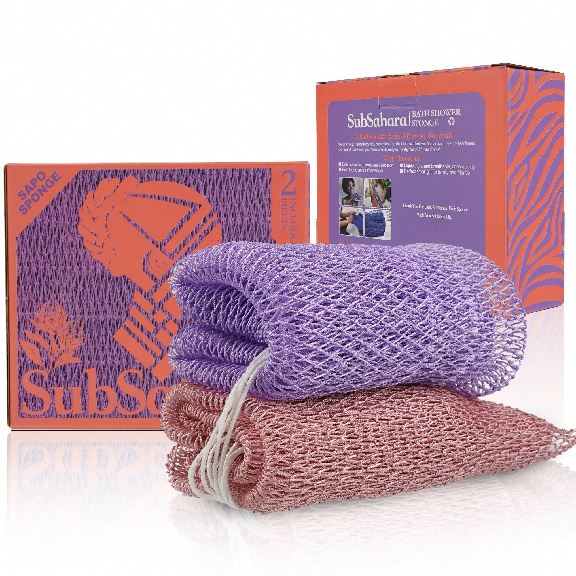 SubSahara Authentic African Net Sponge 2 Pack Exfoliating Bath & Shower Loofah for Body Face Gentle Scrubber All Skin Types Travel Durable Nylon Machine Washable