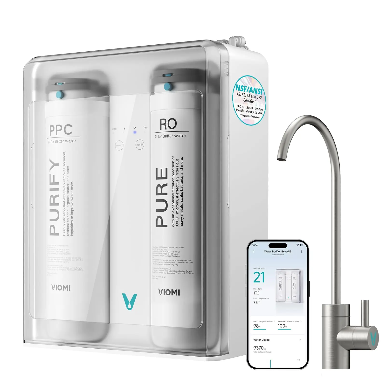VIOMI Pure B6W 600GPD Under-sink Tankless Reverse Osmosis Water Filteration | 2-Year RO Filter, NSF/ANSI 42, 53, 58, & 372 Certified, Reduces PFAS/TDS, APP Control, 2:1 Pure-to-Drain, 7-Stage, Faucet