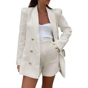 Imily Bela Essentials Womens 2 Piece Tweed Blazer Shorts Sets Long Sleeve Double Breasted Suit Jackets Business Outfit