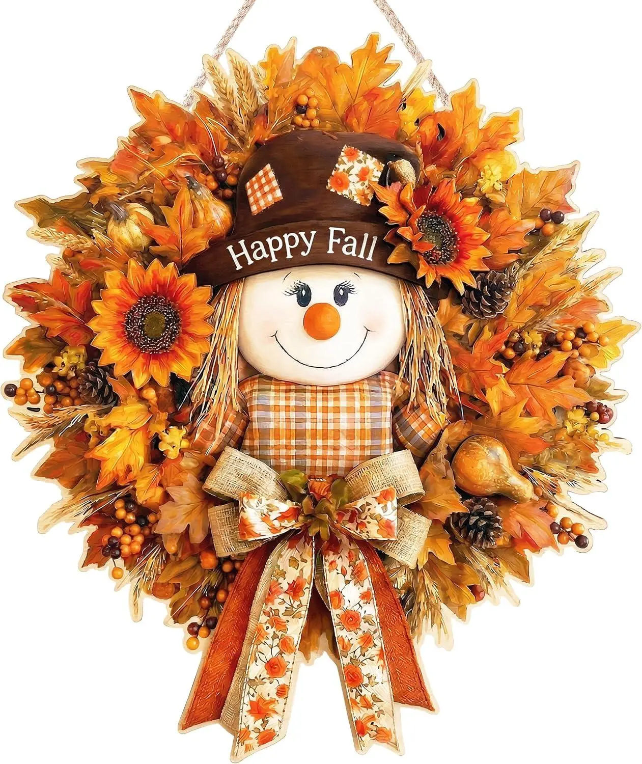Fall Decorations for Home Wooden Fall Decor Scarecrow Door Wreath for Front Door Farmhouse Scarecrow Maple Leaf Welcome Sign Door Hanger for Autumn Harvest Thanksgiving Outdoor Indoor Wall Home Decor OWUH Eye Gift